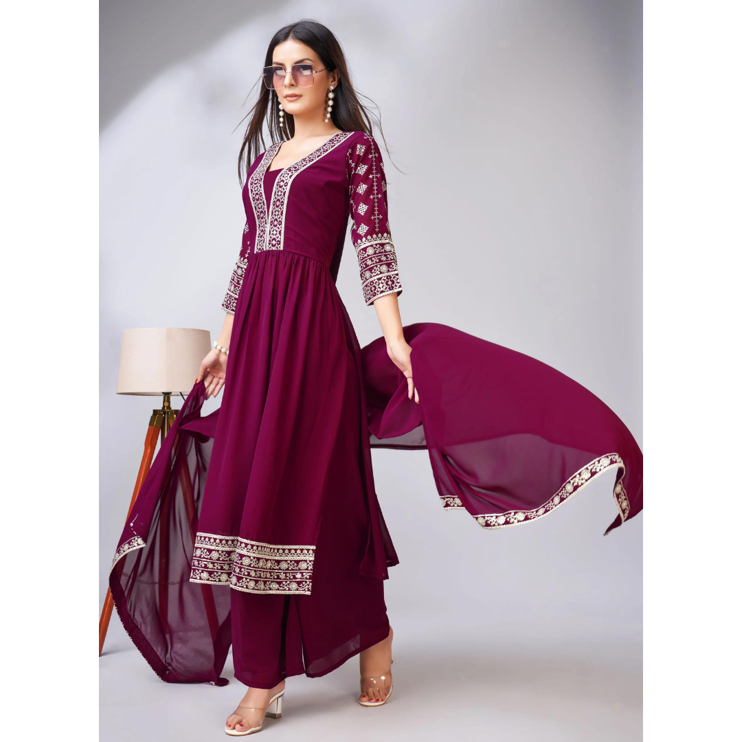 PARTY WEAR GEORGETTE WINE COLOUR PLAZZO SUIT & DUPATTA FULL STICH