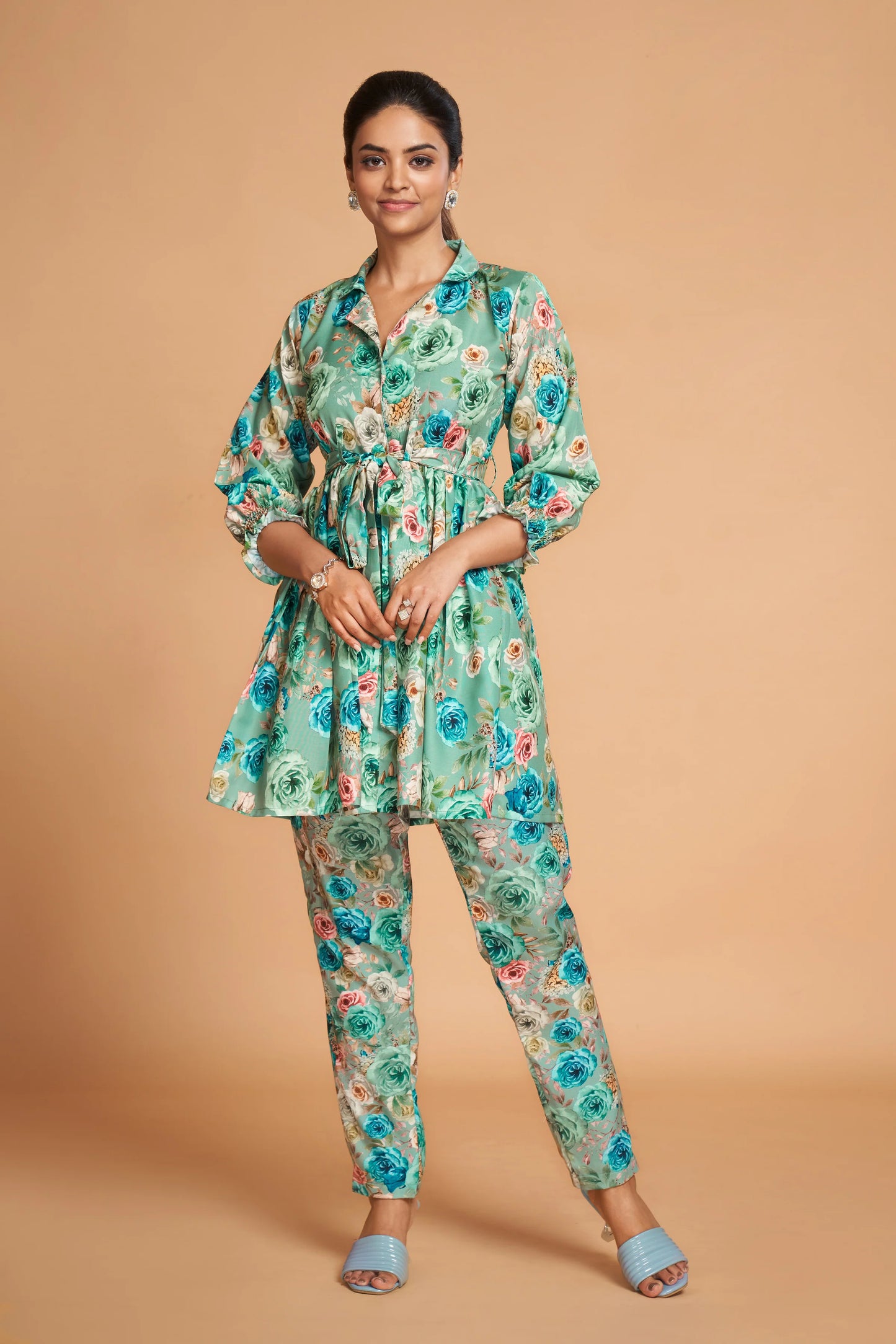 Women's Sea Green Color Co-Ord Set Relaxed Fit for Women Two Piece Co Ord Set Shirt & Pant