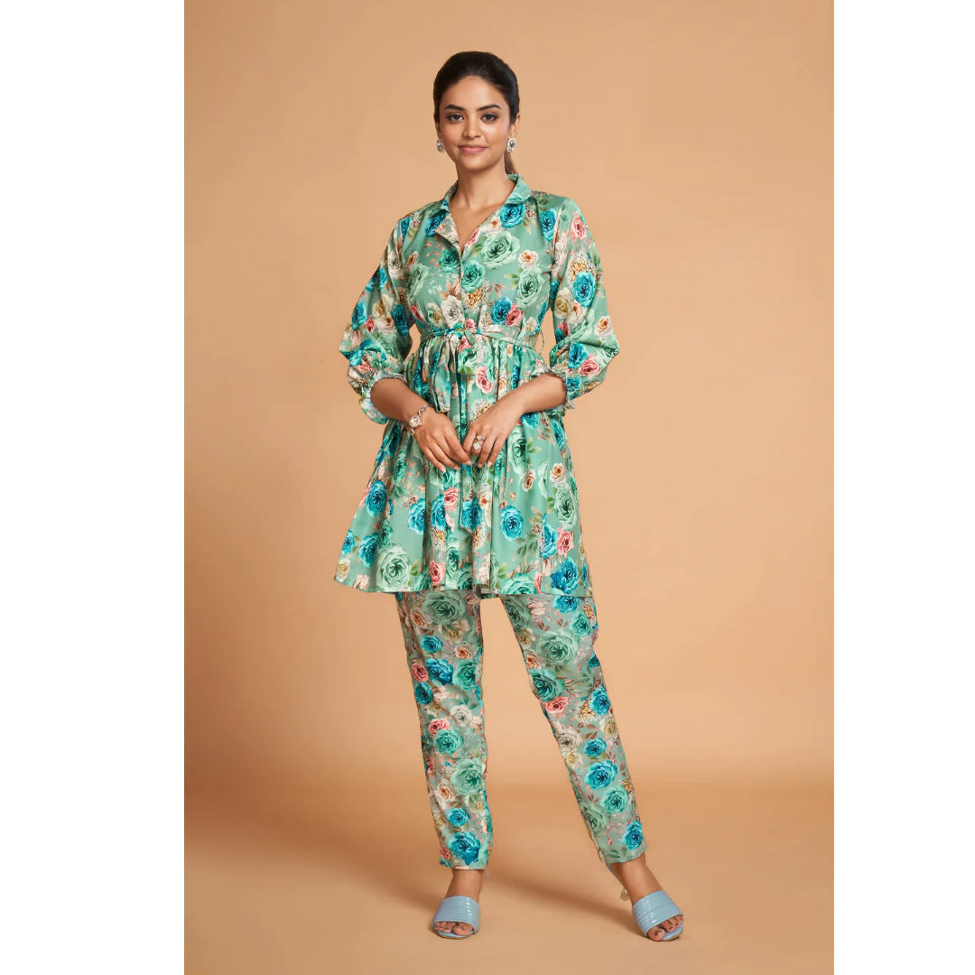 Women's Sea Green Color Co-Ord Set Relaxed Fit for Women Two Piece Co Ord Set Shirt & Pant