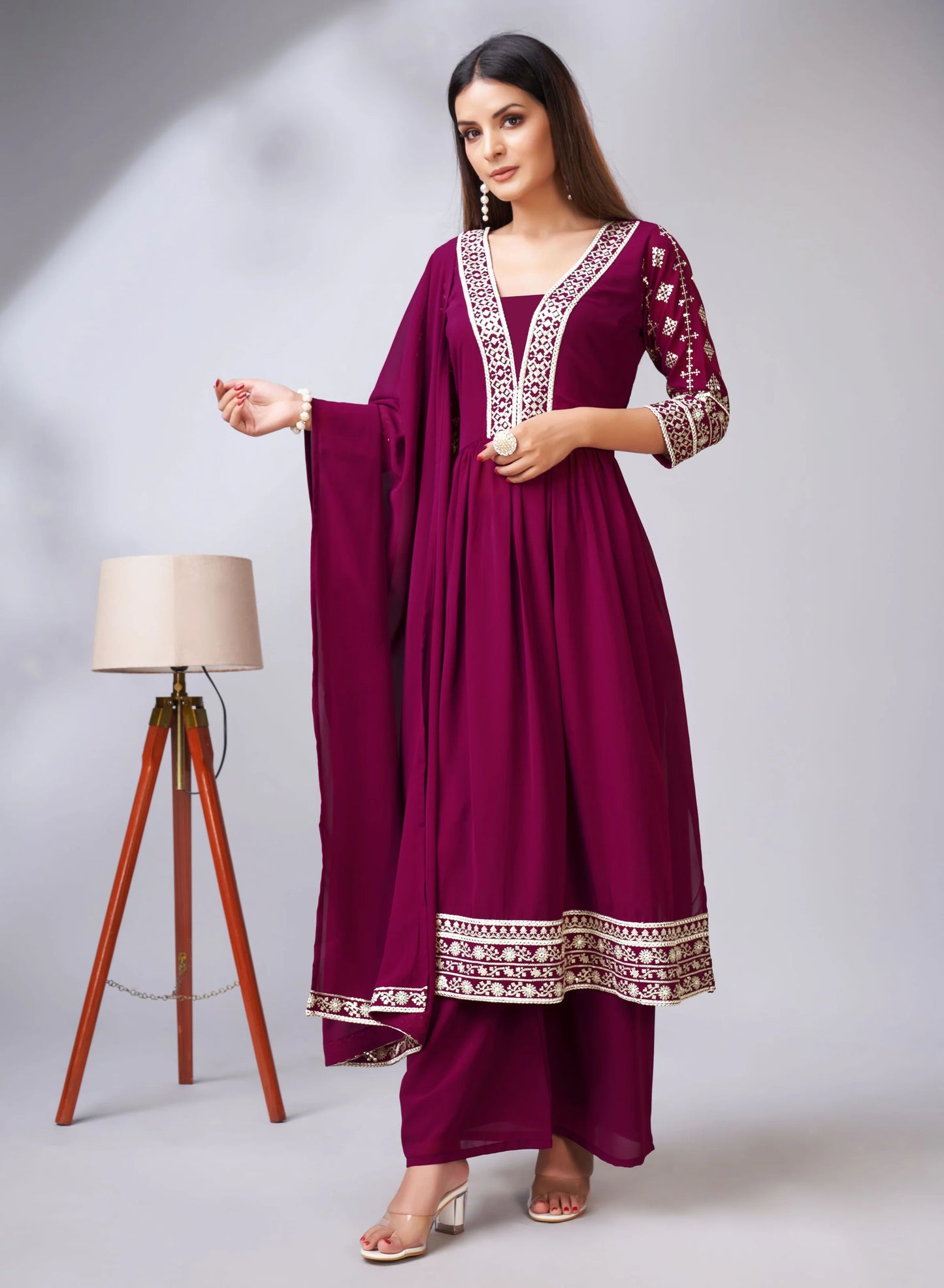 PARTY WEAR GEORGETTE WINE COLOUR PLAZZO SUIT & DUPATTA FULL STICH