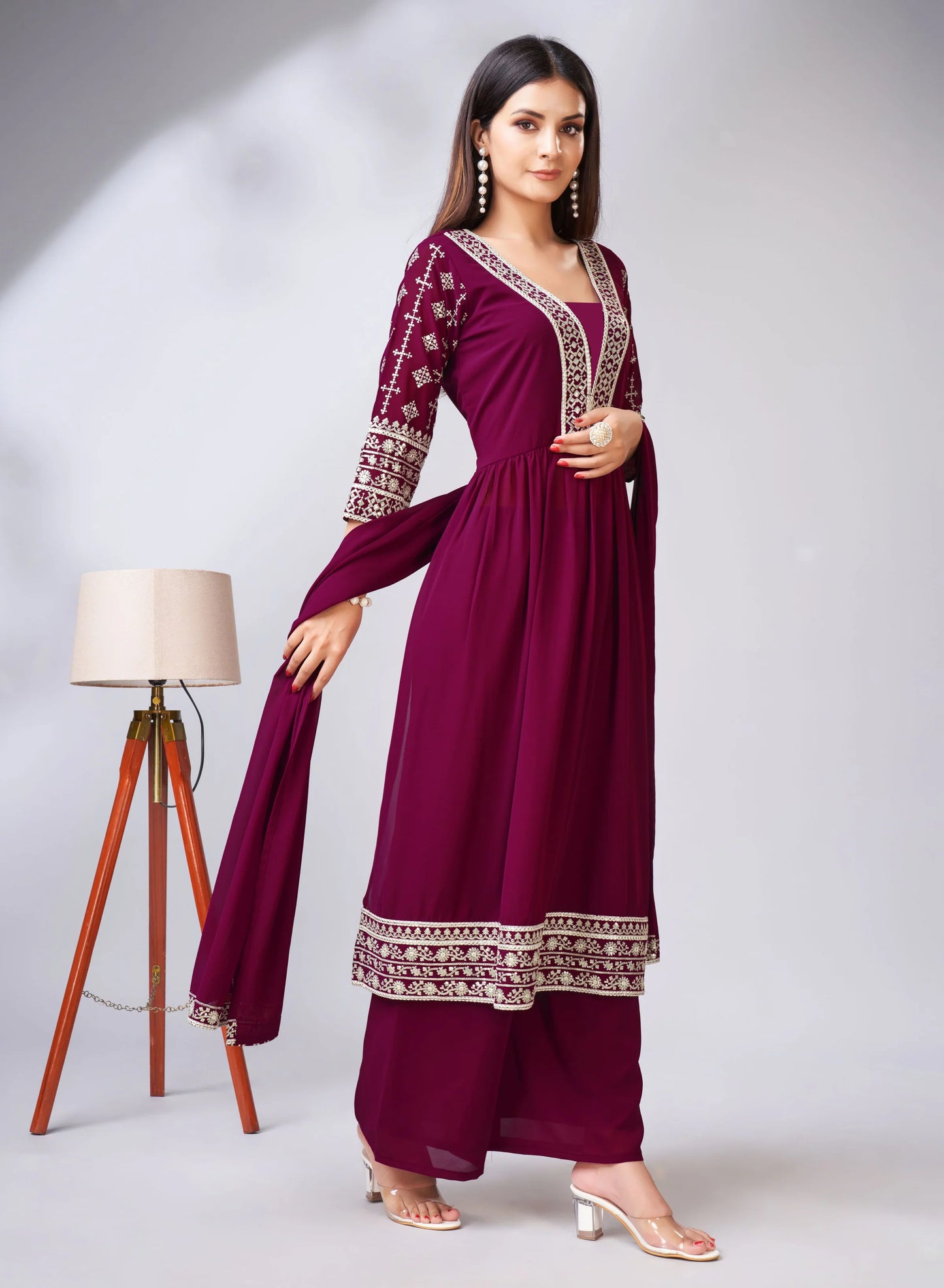 PARTY WEAR GEORGETTE WINE COLOUR PLAZZO SUIT & DUPATTA FULL STICH