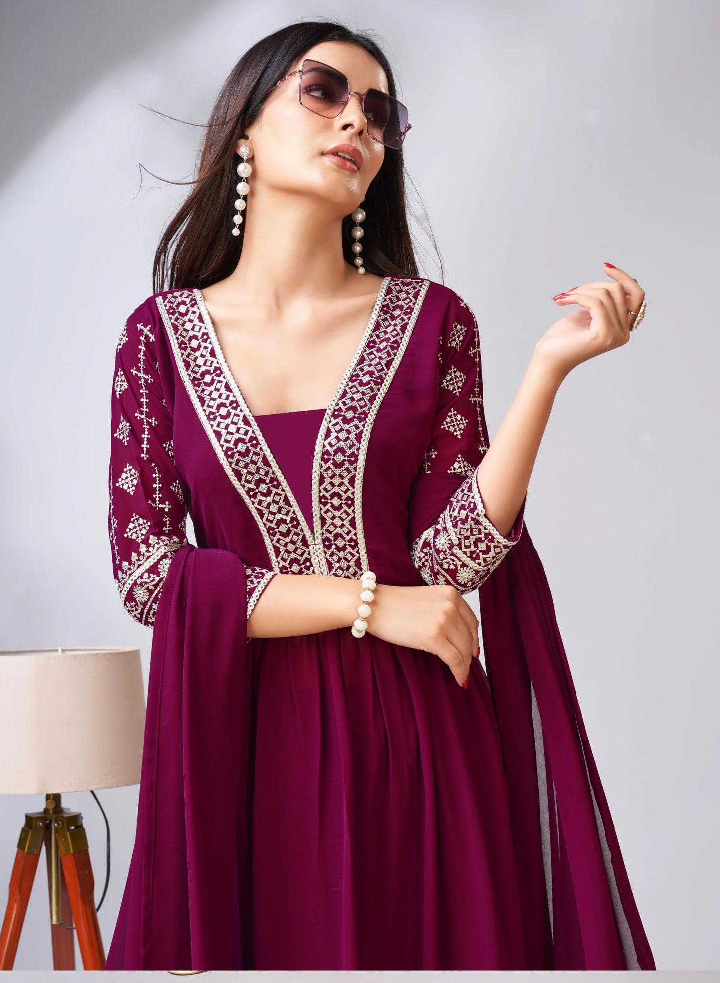 PARTY WEAR GEORGETTE WINE COLOUR PLAZZO SUIT & DUPATTA FULL STICH